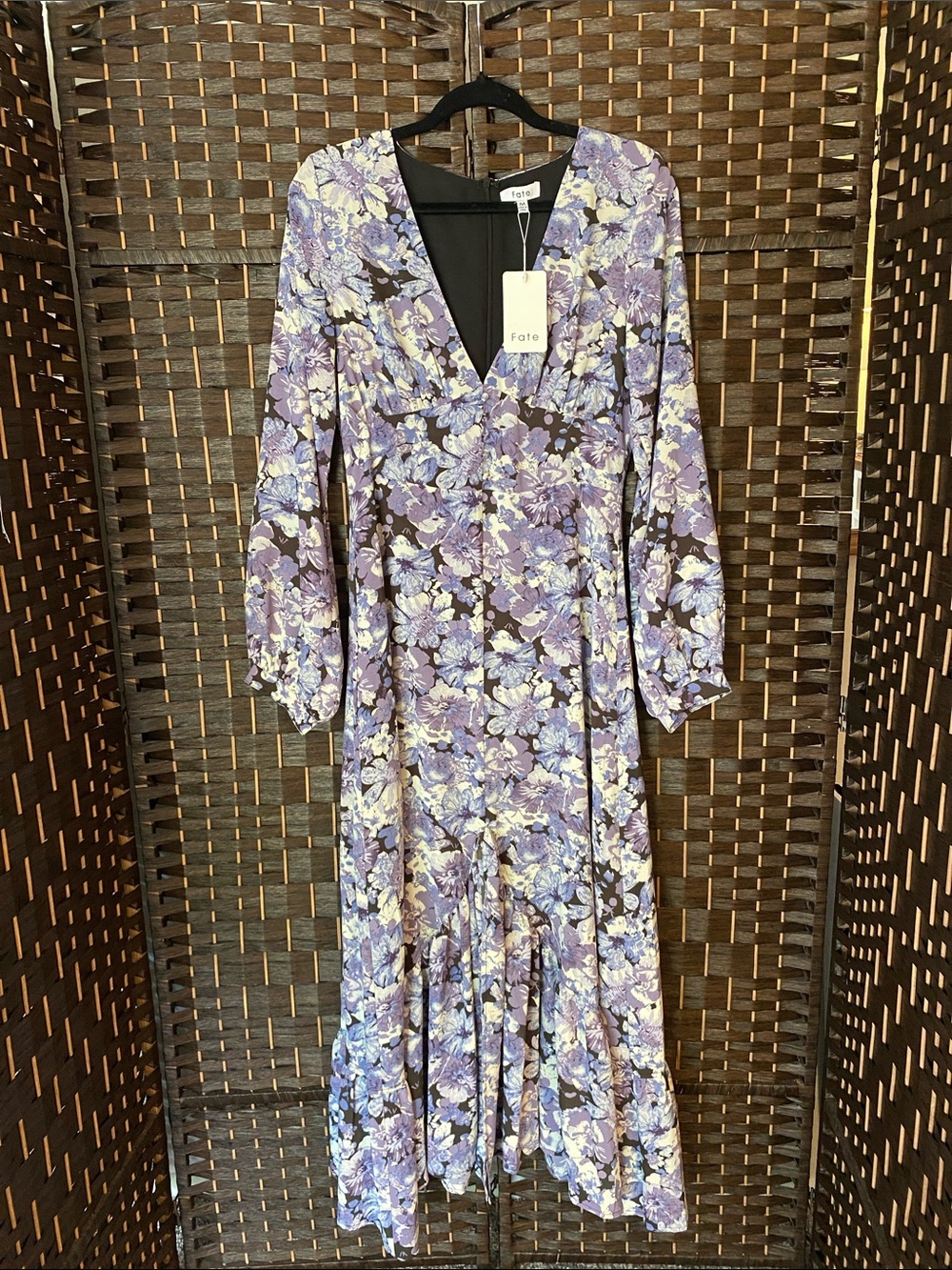 Fate Lavender Floral V-Neck Maxi Dress Ruffle Design on Hem Size Medium